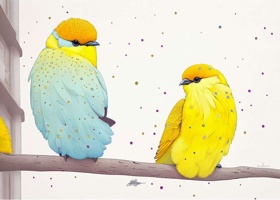 Colorful stylized birds on branch with yellow and blue feathers.