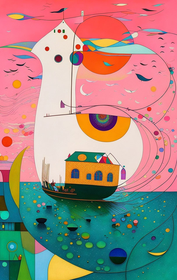 Colorful Abstract Landscape with Surreal Boat-Like Building