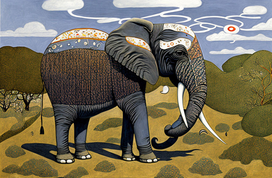 Decorated Elephant Illustration with Detailed Patterns in Stylized Landscape