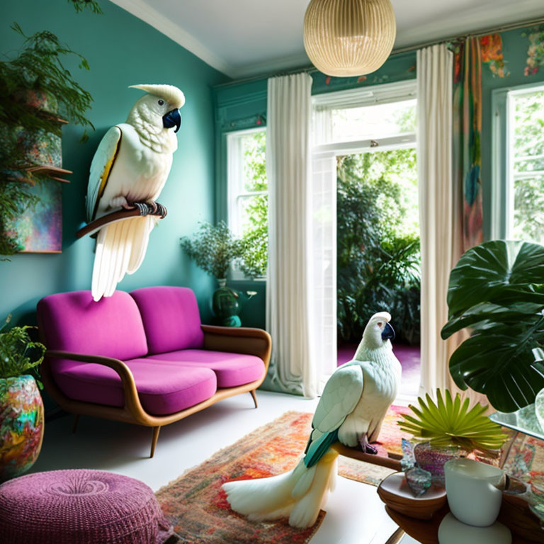 Vibrant living room with colorful walls, eclectic decor, and exotic birds.