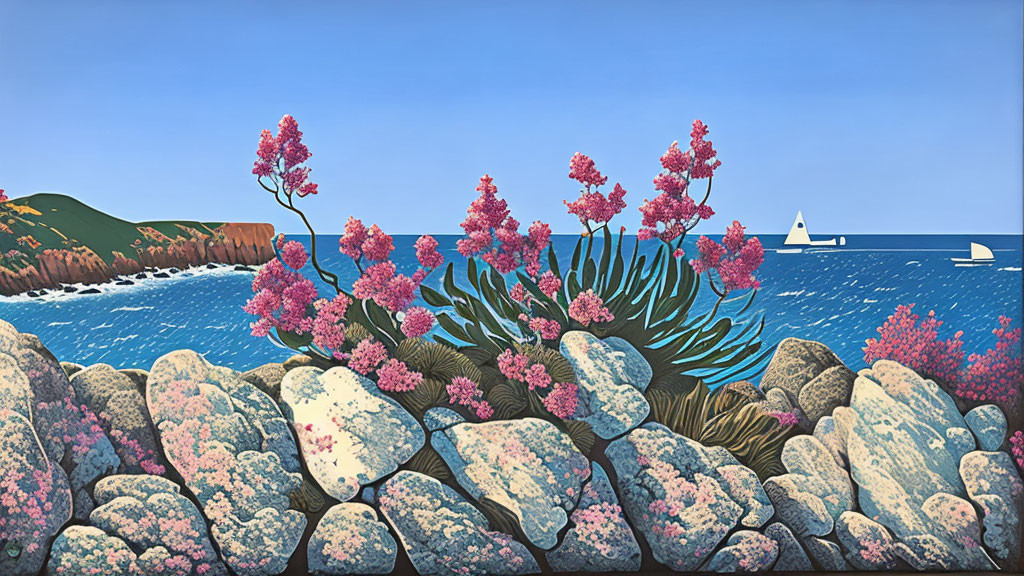 Illustrated coastal landscape with pink flowers, grey boulders, blue sea, sailboat, and