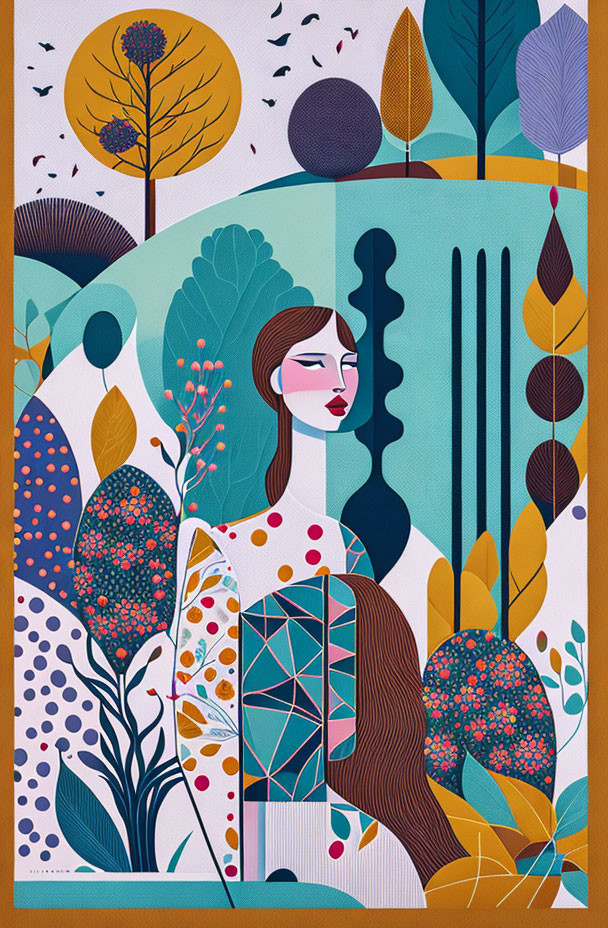 Colorful Abstract Illustration of Woman in Geometric Nature Setting