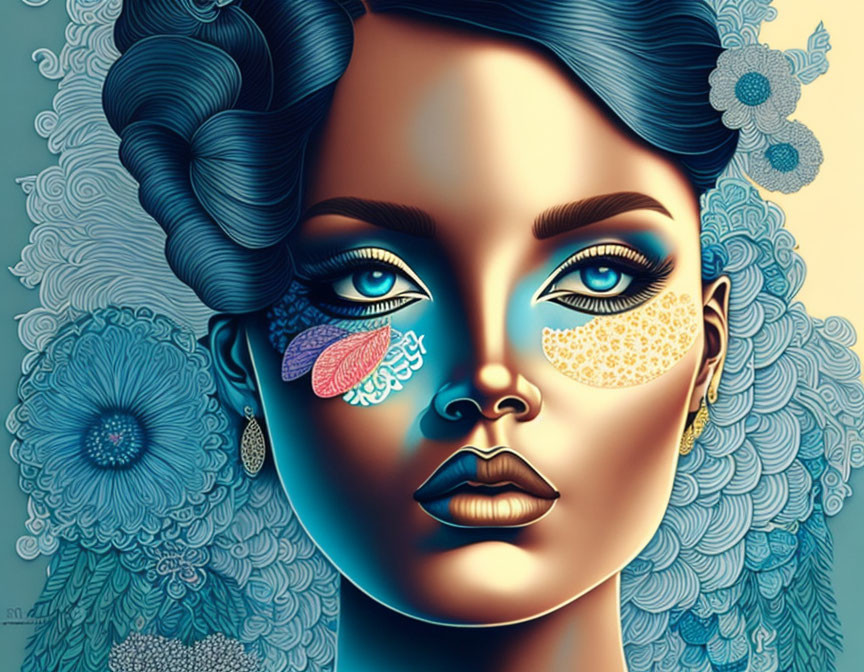 Detailed illustration of woman with stylized floral and patterned designs in vibrant blue tones