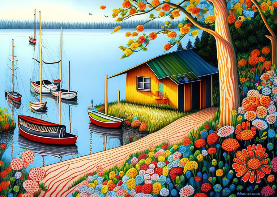 Colorful lakeside illustration with flower, cabin, boats, and trees in a stylized nature scene