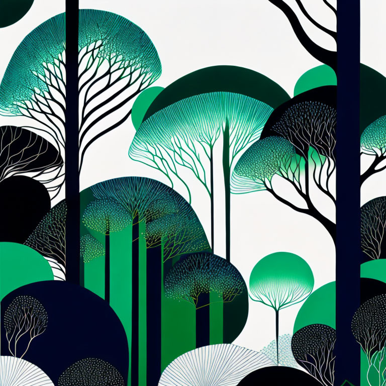 Layered Blue and Green Forest Illustration with Canopy Patterns