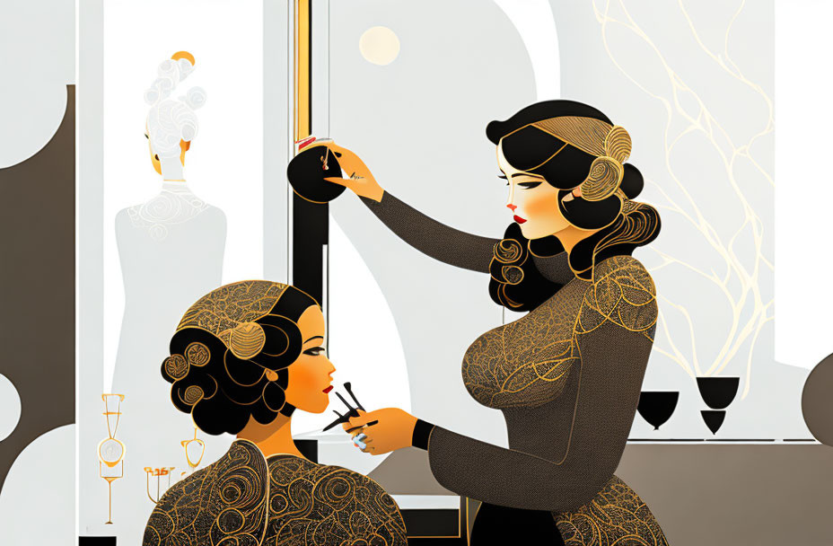 Art Deco style illustration of woman applying makeup in elegant setting