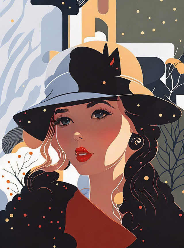 Stylized illustration of woman with red lips and green eyes in broad-brimmed hat amid abstract