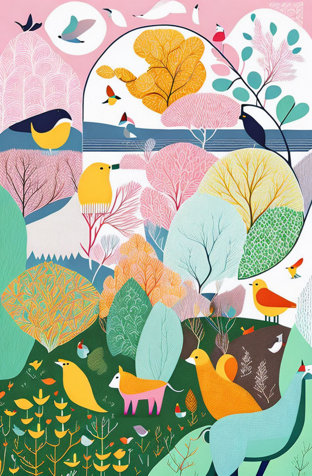 Vibrant forest scene with stylized birds, diverse trees, and colorful plants