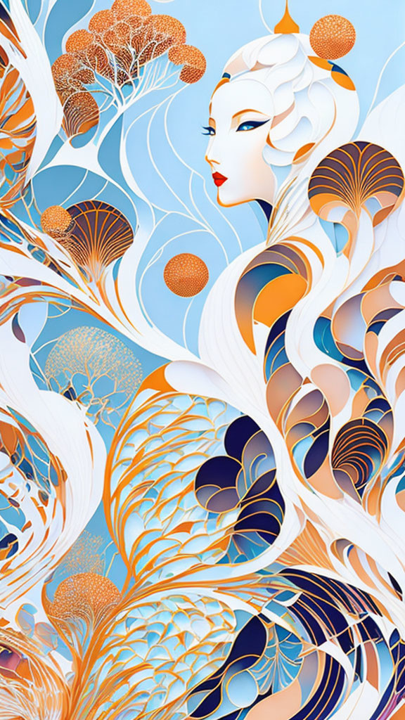 Vibrant design of woman with white hair and floral patterns