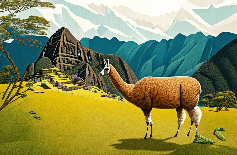 Colorful llamas and Machu Picchu illustration with mountains