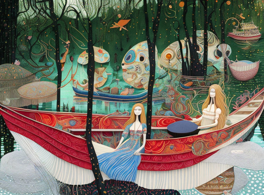 Colorful illustration: Two women in red boat in whimsical forest