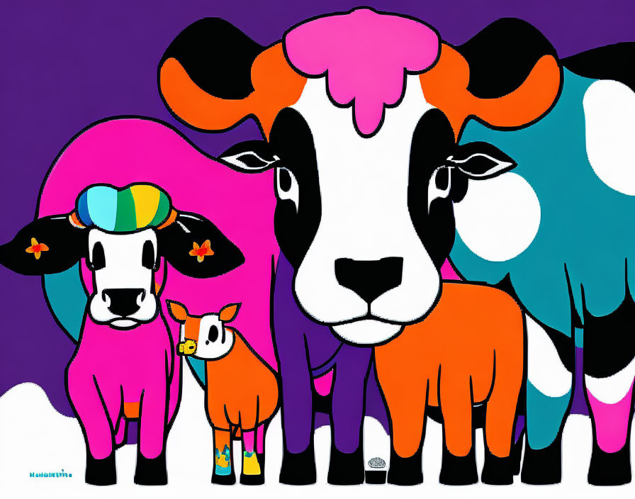 Vibrant Pop Art Style Illustration of Four Colorful Cows