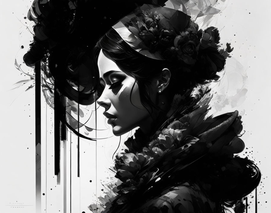 Monochromatic artwork: Woman with floral headdress and black ink strokes