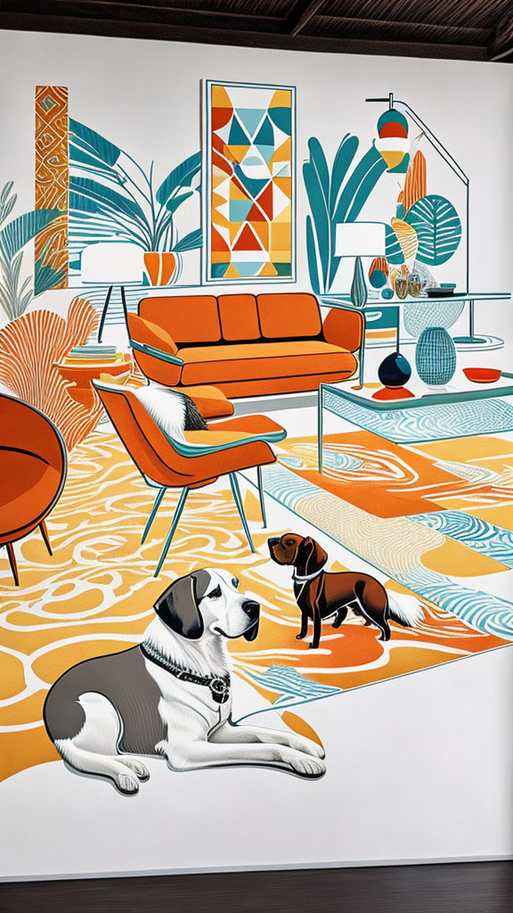 Stylized interior with orange furniture, plants, dogs: retro color palette