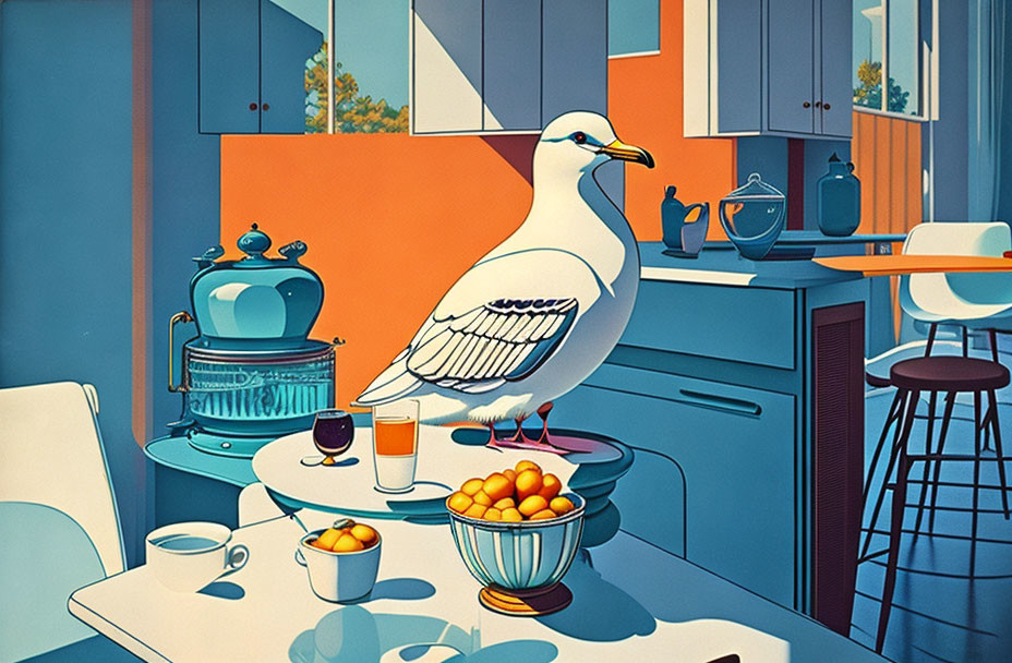 Kitchen illustration with seagull and various objects