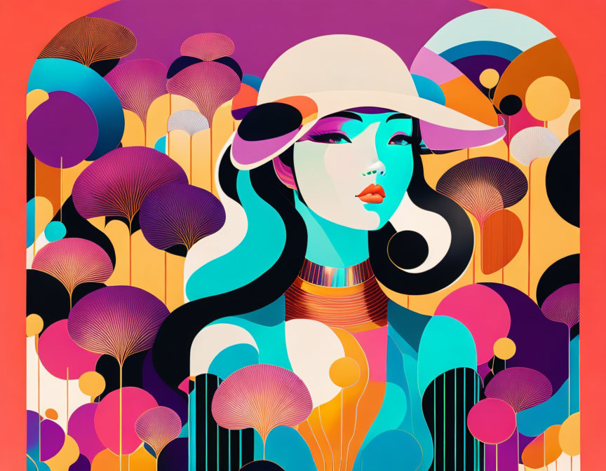 Colorful Psychedelic Forest Woman with Hat Illustration