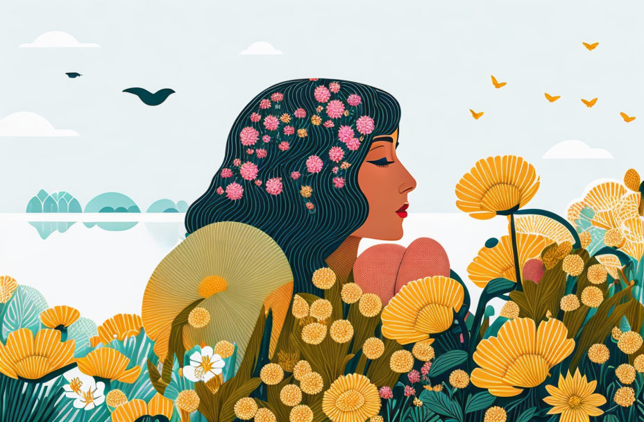 Woman with floral hair in vibrant nature scene.