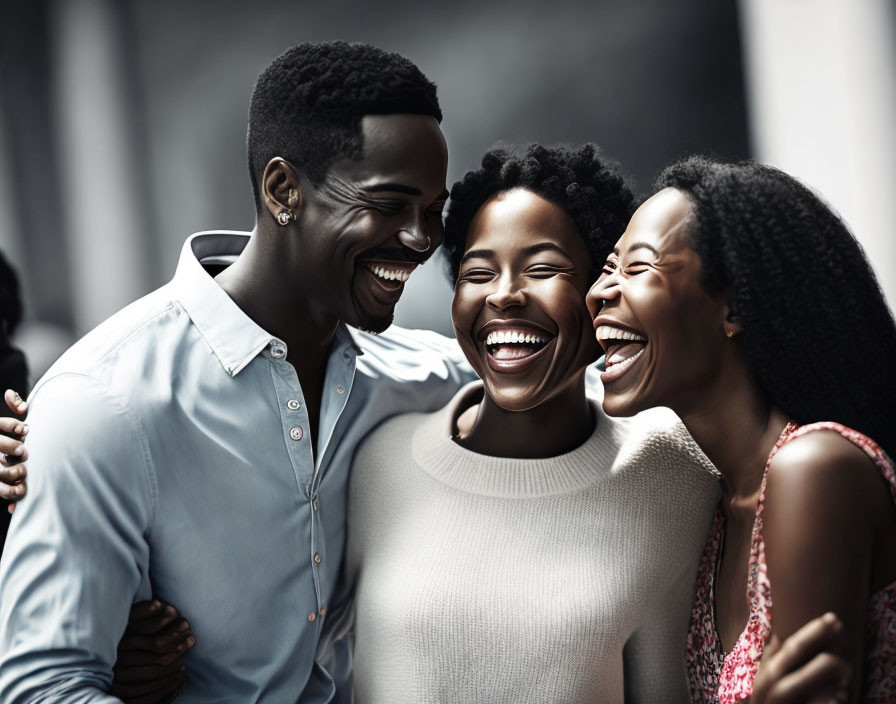 Three African-American friends sharing a joyful moment with close emotional connection evident in their bright smiles and cheerful demeanor