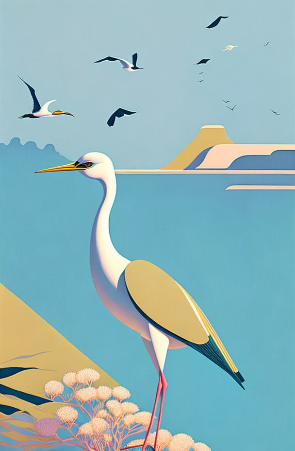 Egret by Water with Coral, Mountains, and Birds in Pastel Blue