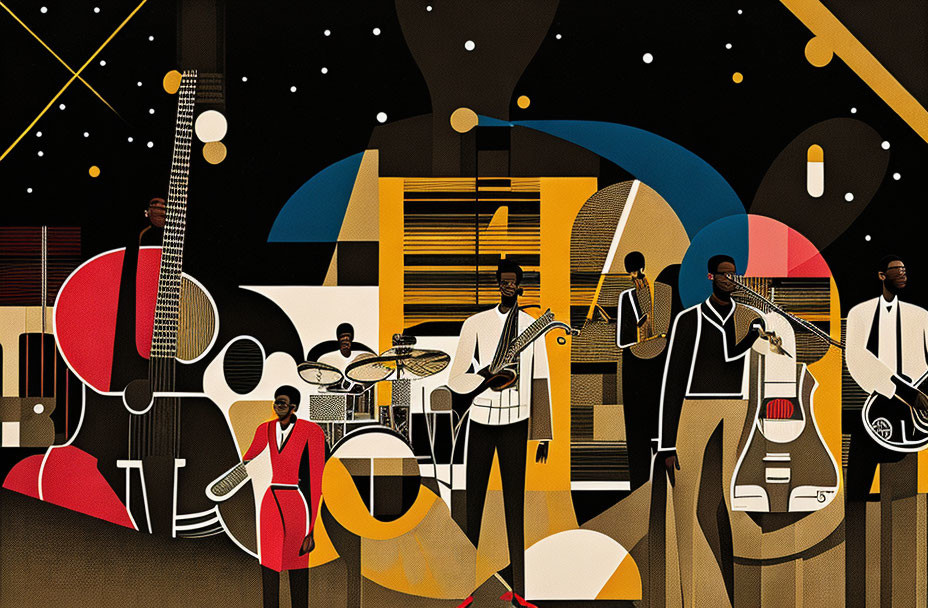 Illustration of Jazz Band with 6 Musicians on Geometric Background