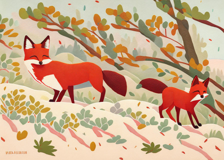 Stylized foxes in colorful forest scene illustration