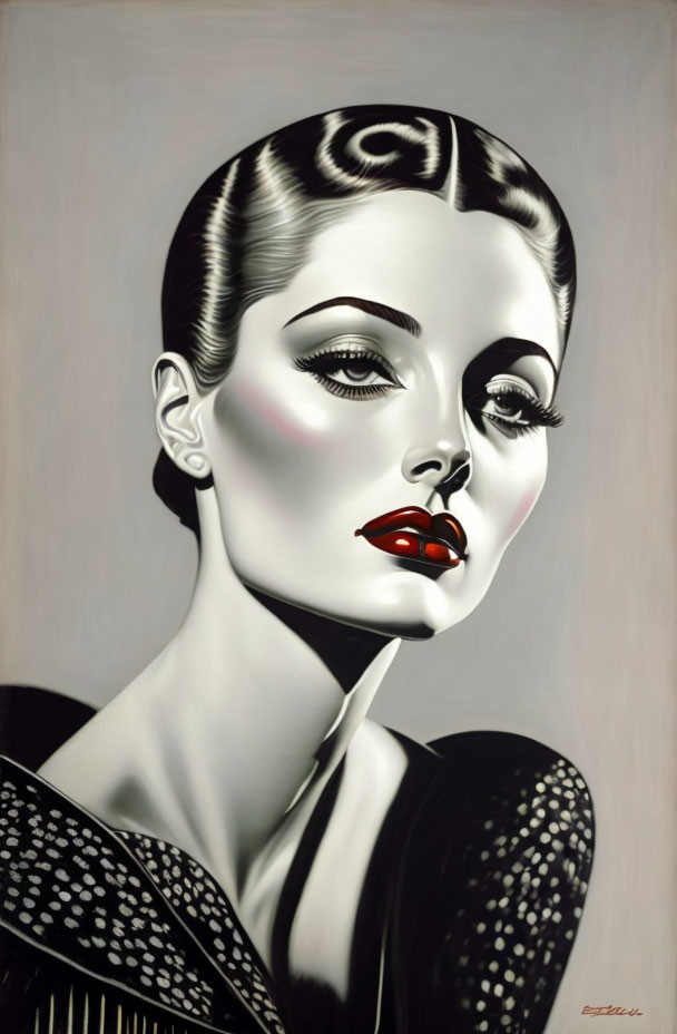 Monochrome portrait of stylized woman with vintage hairstyle and striking red lips