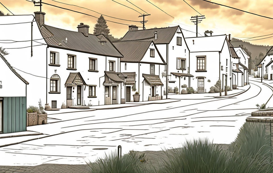 Sepia-Toned Illustration of European-Style Street Without People