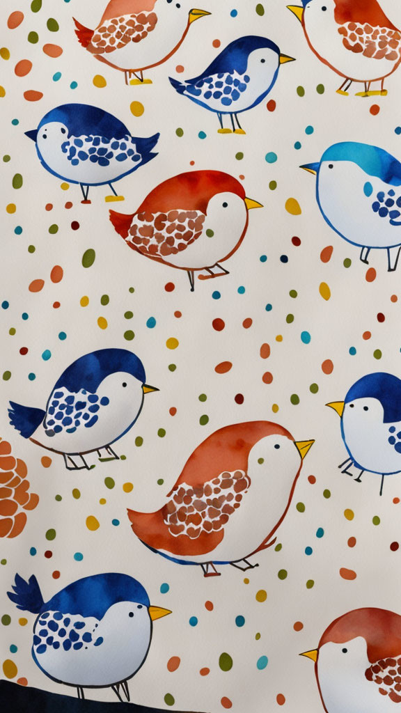 Vibrant illustrated birds on white background with colorful accents