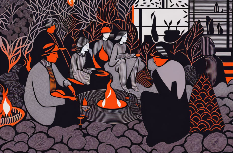 Traditional Gathering Around Fire Cooking and Sharing Meal Illustration