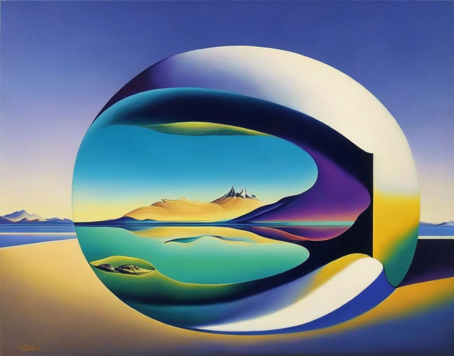 Surreal landscape painting with circular void revealing desert, water, and mountains under gradient sky