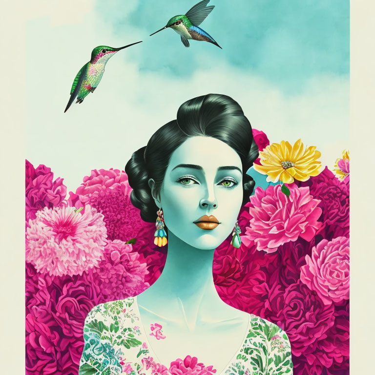 Illustrated woman with vintage hairstyle among vibrant flowers and hummingbirds