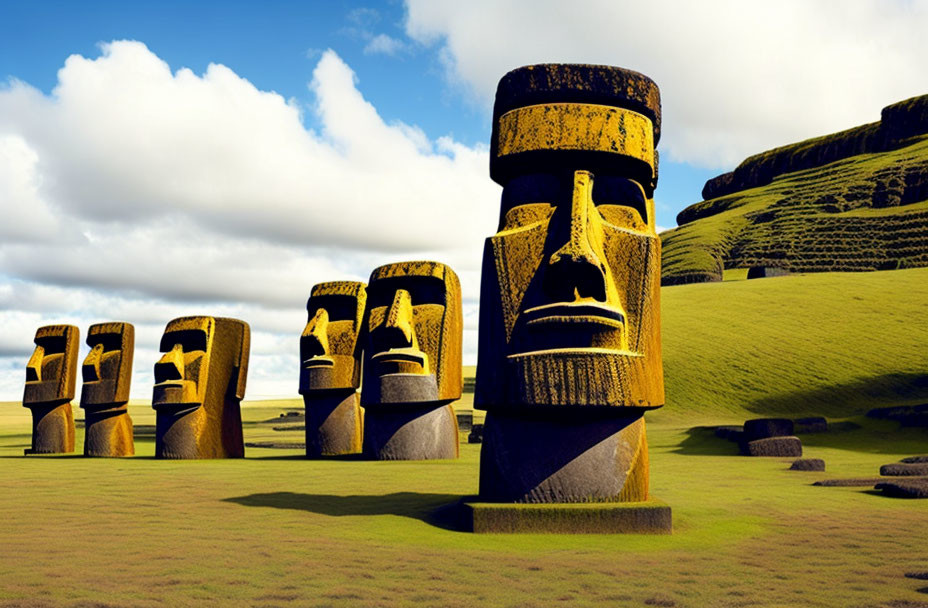 Moai statues on grassy plain under blue sky