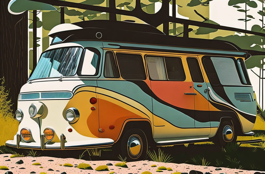 Colorful Retro Camper Van Illustration in Forest Setting