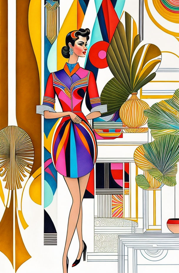 Colorful Illustration of Stylish Woman in Geometric Dress amid Abstract Tropical Setting