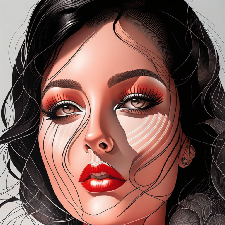 Illustration of woman with eyelashes, red lips, and black hair on grey background