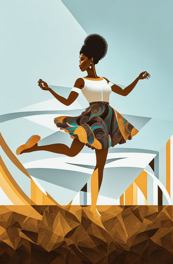 Stylized illustration of woman dancing with dynamic hair and patterned skirt on geometric background.