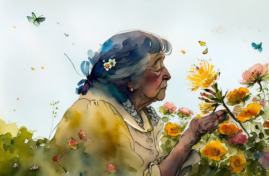 Elderly Woman Profile with Flowers and Butterflies in Watercolor