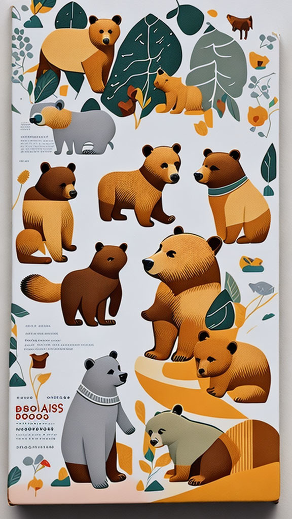 Modern flat art style poster with stylized bears and foliage in warm tones