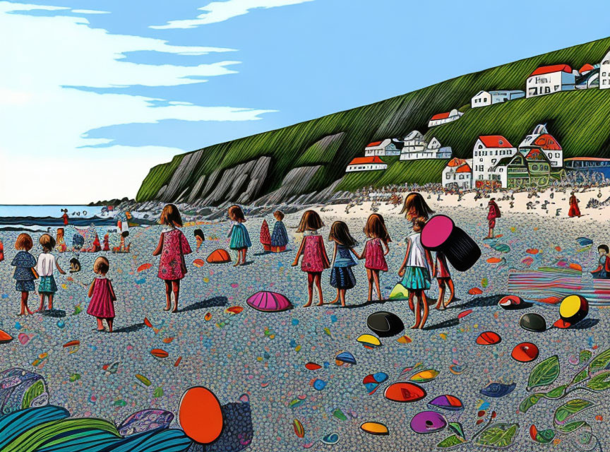 Vibrant beach scene with children, pebbles, beach balls, houses, green cliff,