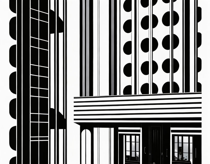 Abstract Monochrome Building Facade Illustration with Geometric Patterns