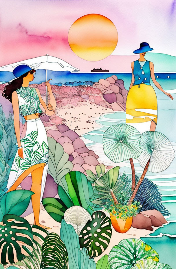 Stylized women in vibrant beach scene with setting sun