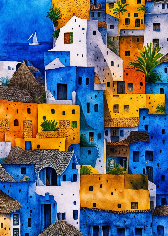 Colorful Mediterranean Village Painting with Blue and Orange Houses