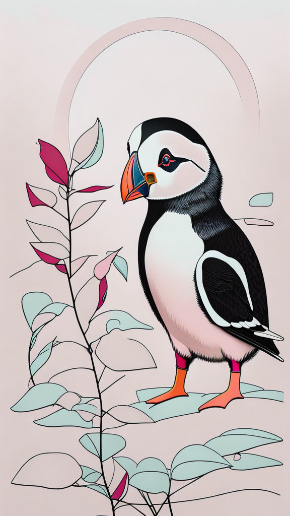 Puffin illustration with pink plants and pastel clouds