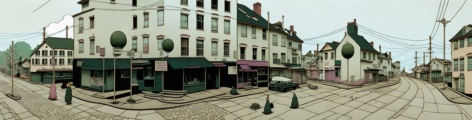 Vintage Street Scene with Curved Buildings and Classic Car