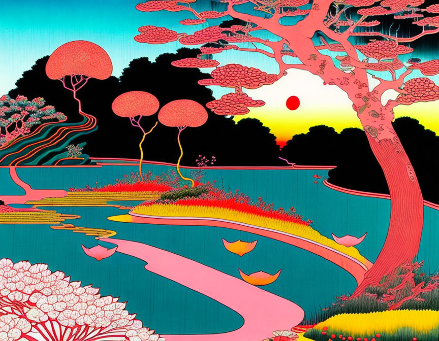 Colorful landscape with pink trees, winding river, blossoms, red sun, and teal sky