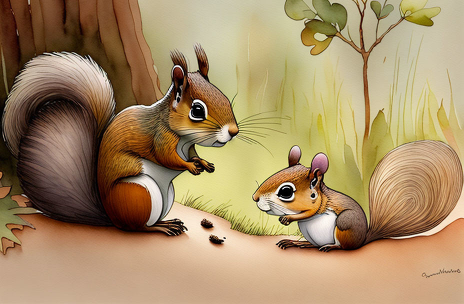 Illustration of two squirrels in nature with nuts on the ground