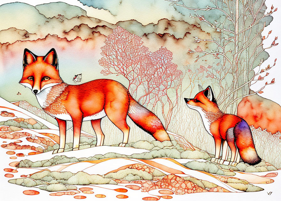 Stylized foxes in colorful autumn landscape with intricate foliage