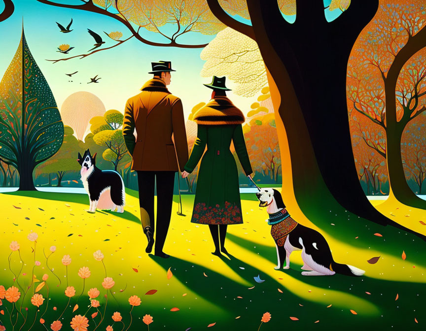 Illustration of couple holding hands in autumn park with dogs