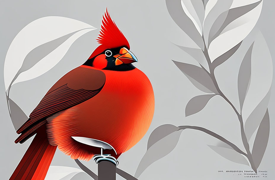 Vibrant red cardinal on branch with orange beak among grey leaves