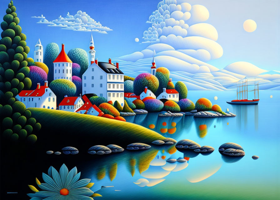 Colorful village painting with trees, clouds, sailboat, and lake reflections